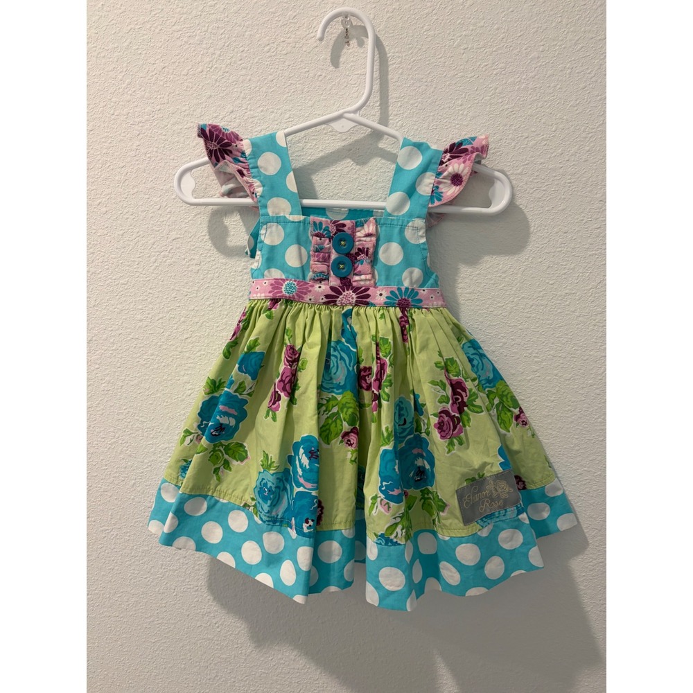 Eleanor Rose Baby Girl Floral Polka Dot Flutter Sleeve Dress Blue Green 6M